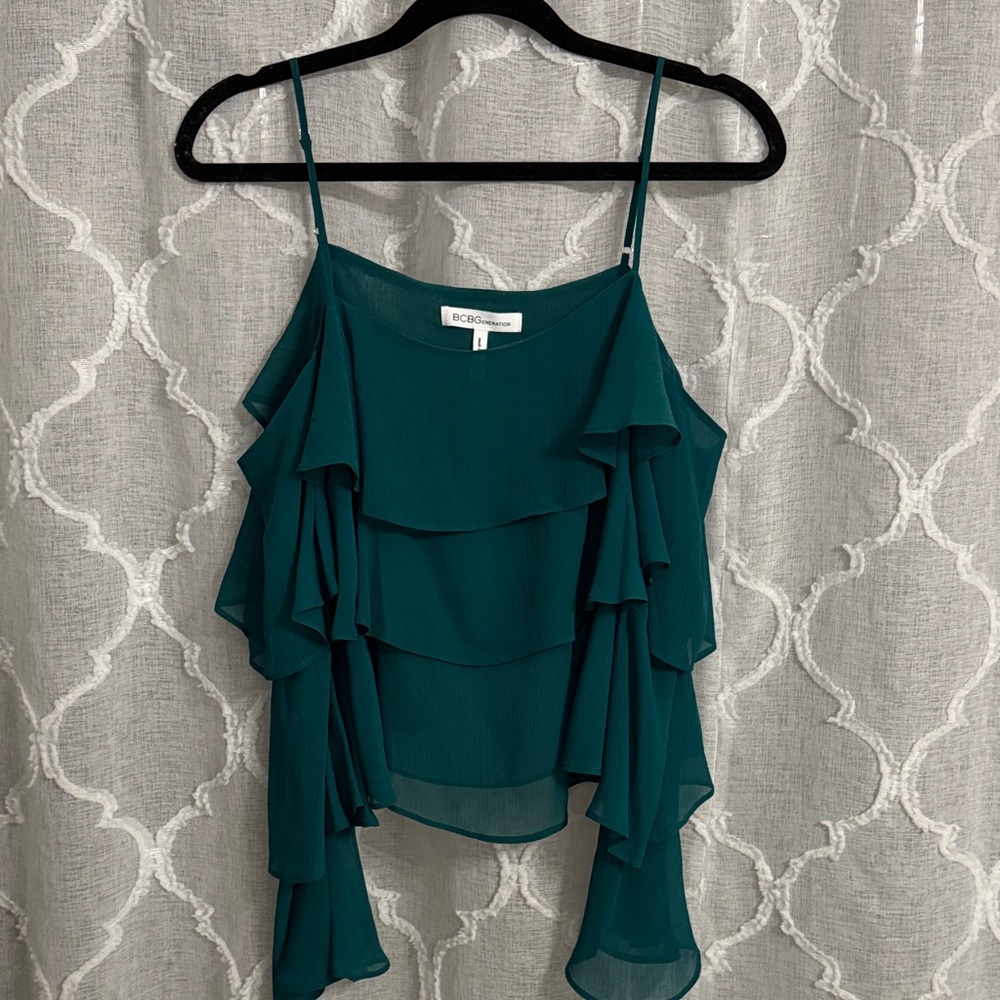 BCBG Sheer Teal Layered Top Open Shoulder